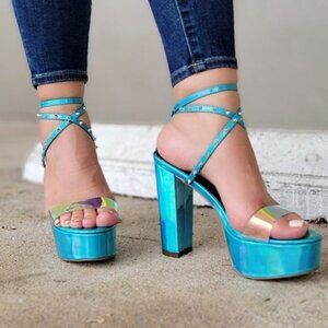 Women's Studded Platform Ankle Strap High Heel Sandal Blue Metalic Color